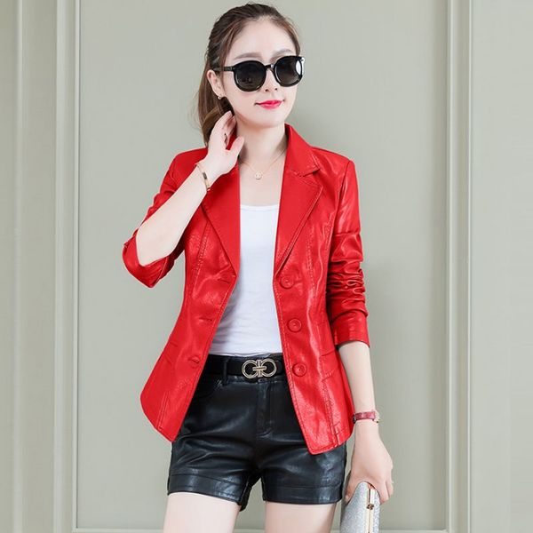 

5xl plus size 2019 new spring and autumn leather jacket women women's jacket short slim small suit leather coat large size women, Black