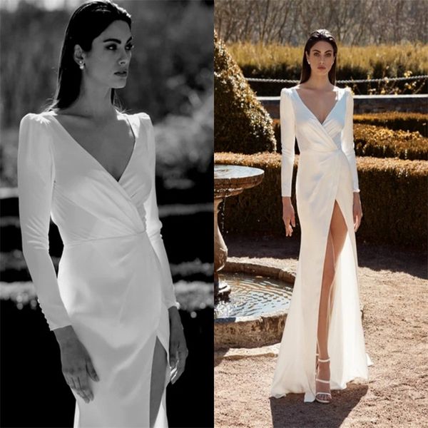 

vintage a-line wedding dresses high v-neck long sleeve high-split ruched satin wedding gown custom made sweep train robes de mariÃ©e, White