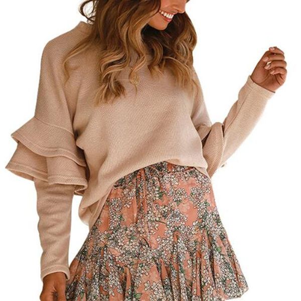 

elegant ruffles knitted pullover o neck batwing sleeve pull sweater women casual autumn winter loose sweaters 2019 female, White;black