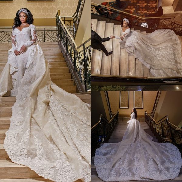 

luxury sparkly 2019 wedding dresses with a long trail bling beaded lace applique illusion long sleeves mermaid chapel bridal gowns, White