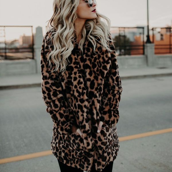 

woman winter faux soft fur leopard coat lapel jacket long artificial fur plus velvet female plush overcoat casual outerwear, Black