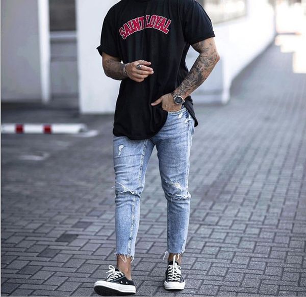

slim distressed jeans knee with hole men ripped tore up jeans for men stripe pants ragged cutoffs, Black