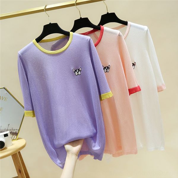 

summer clothes round collar color matching cute cartoon bright sweater silk short sleeve sweater women's thin ice silk t-shirt base shi, White
