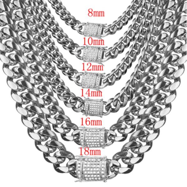 

8/10/12/14/16/18mm silver stainless steel cuban chain necklace or bracelet fashion crystal dragon lock clasp men women jewelry