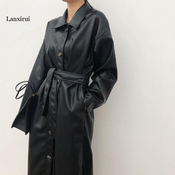 

lanxirui cool pu leather long jacket new autumn women loose belt pu leather windbreaker trench coat slim autumn jacket, Black