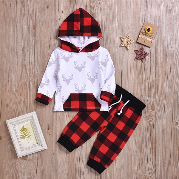 

new baby kids clothes sets spring autumn kids deer head long sleeve hoodie checked trousers two piece sets kids designer clothes zjy648, White