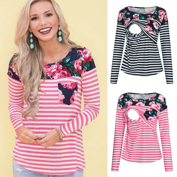 

women t-shirt maternity breastfeeding long sleeve floral striped nursing splice floral clothes for pregnant women, White