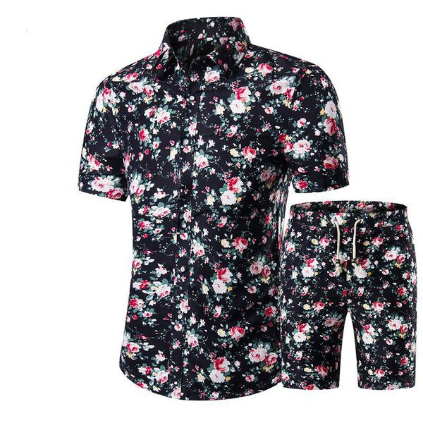 

2019 new summer folk style fashion floral shirt men's sets casual shirts short sleeve vacation beach t short +shorts 1620, White;black