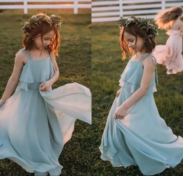 

2019 bohemian mint flower girls dresses spaghetti floor length cascading ruffles beach boho wear for weddings girls pageant gowns, White;blue