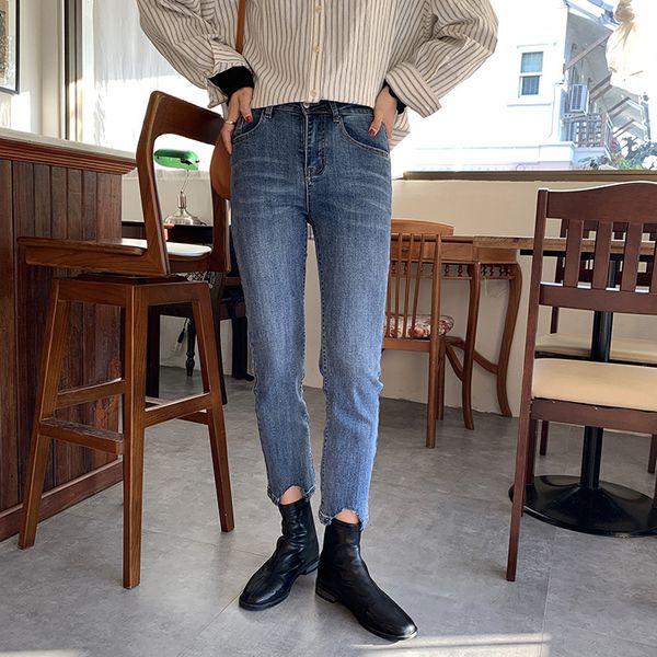 

women's irregular edge high waist stretch jeans women 2020 spring new korean straight pants k1773, Blue