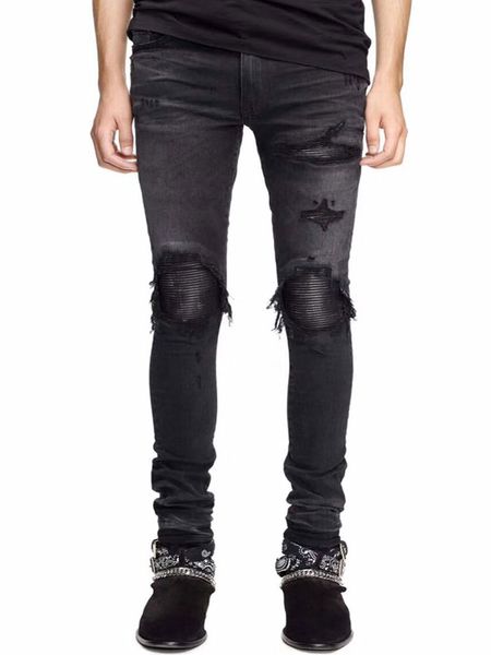 

american street style fashion men jeans black color patched destroyed ripped jeans men elastic broken pants hip hop skinny, Blue