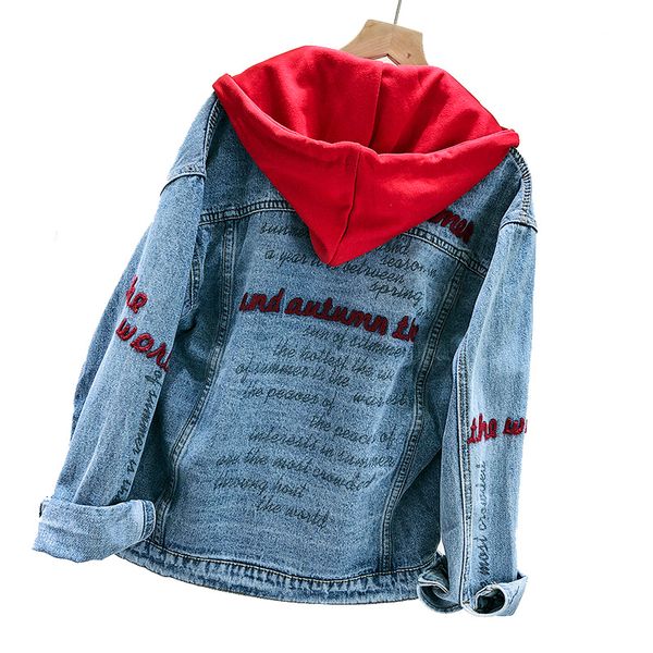 

spring loose female jacket embroidery harajuku hooded jean jacket female bf autumn coat denim for women, Black;brown