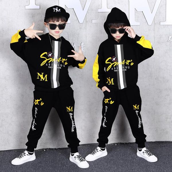 

2-piece children's clothing spring sweater long-sleeved hoodie new boys autumn handsome hip-hop loose sportswear pants suit, White
