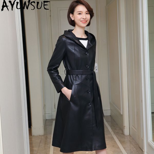 

ayunsue 100% настоящее дубленка женская натуральная кожаная куртка длинные пальто и куртки женские корейские пиджаки с капюшоном my3709, Black