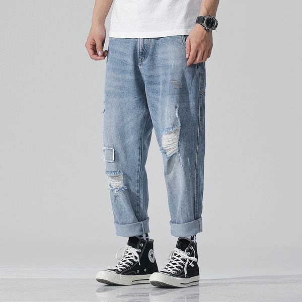 

men's jeans cycling 2021 spring retro hole teen moris trend patch small straight loose light color 9 points pants size 28-42, Blue