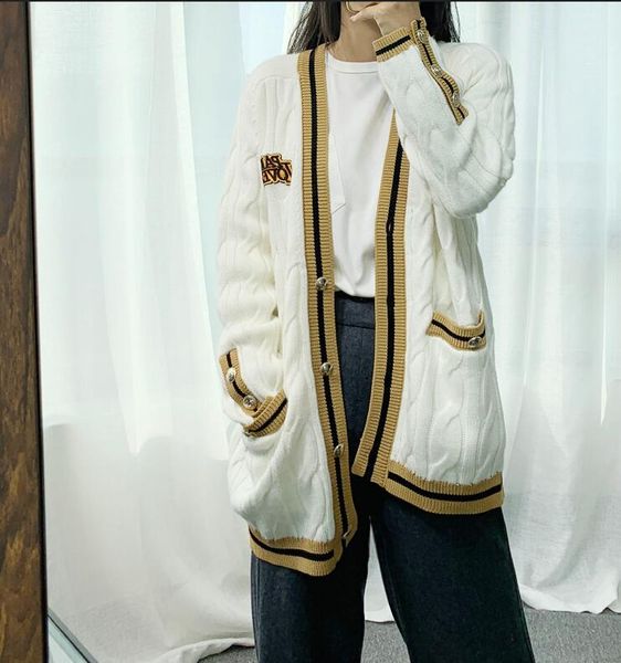 

women sweater 2020 spring / summer college v-neck striped piping twist knit cardigan, White
