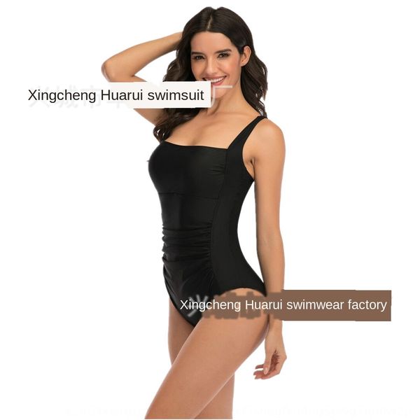 

one-piece solid color large size swimsuit tight high elastic conservative swimsuit female, White;black