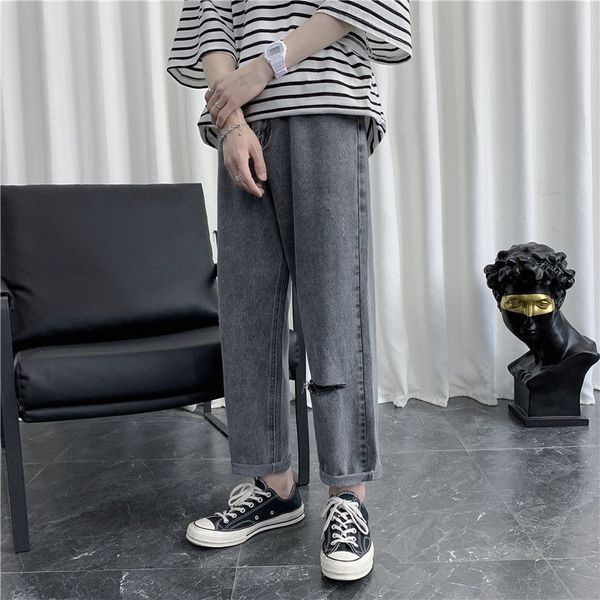 

men's jeans ripped straight fashion washed retro casual hole men streetwear wild loose hip hop denim trousers mens 28-38, Blue