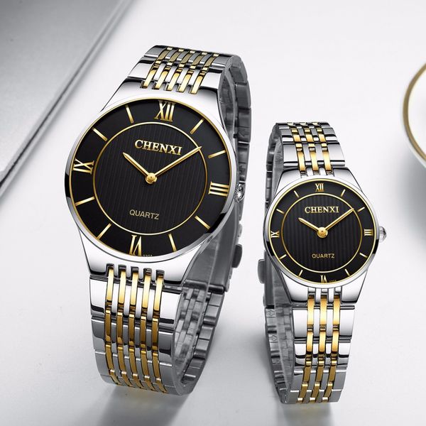 

chenxi fashion simple watches women men watches men's golden wrist stainless steel quartz watch lovers watch 2019, Slivery;brown