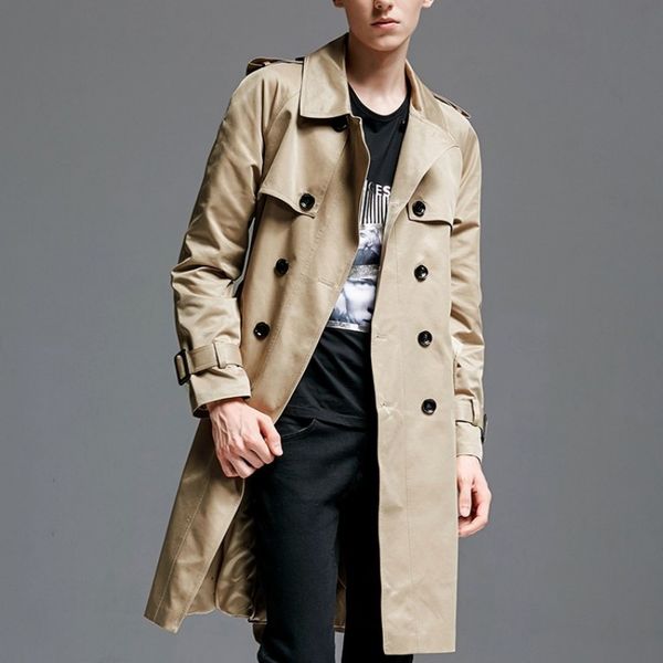 

england style mens fashion khaki belted mid long coat plus size 6xl double breasted business windbreaker trench, Tan;black