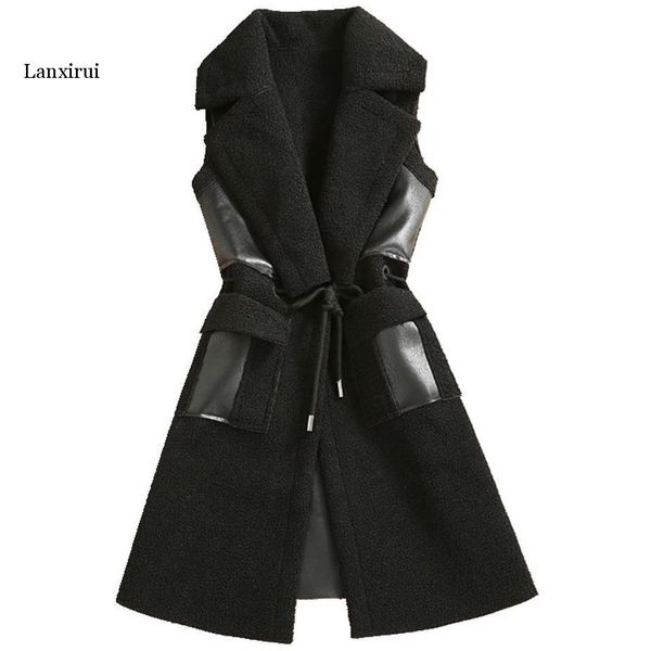 

winter black leather vest faux fur jacket sleeveless women warmer long style waistcoat with fur pockets, Black;white