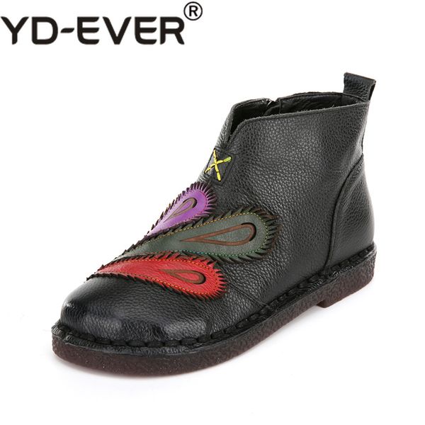 

yd-ever autumn winter mixed color women boots casual handmade zipper ankle boots flat real genuine leather women shoes, Black
