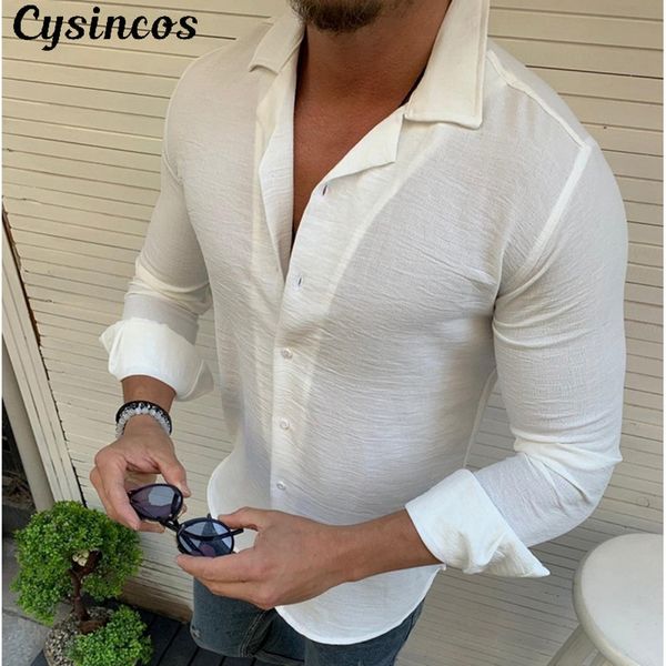 

cysincos men shirt men casual blouse cotton shirt solid long sleeve spring autumn dress shirts slim fit male, White;black