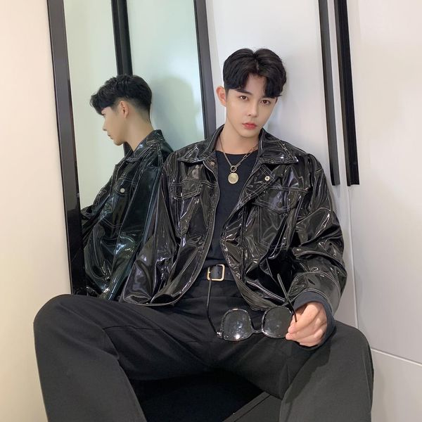 

2019 spring and autumn new heavyweight high definition cool scrub bright black pu leather nightclub trend jacket m-2xl, Black;brown