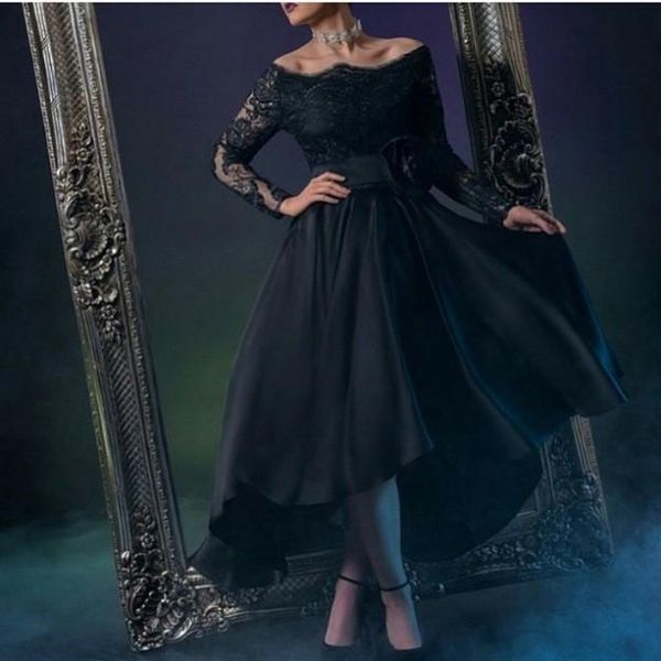 

new arabic dubai formal evening dresses long sleeves bateau lace knee length modest black satin prom party woman special occasion gowns, Black;red