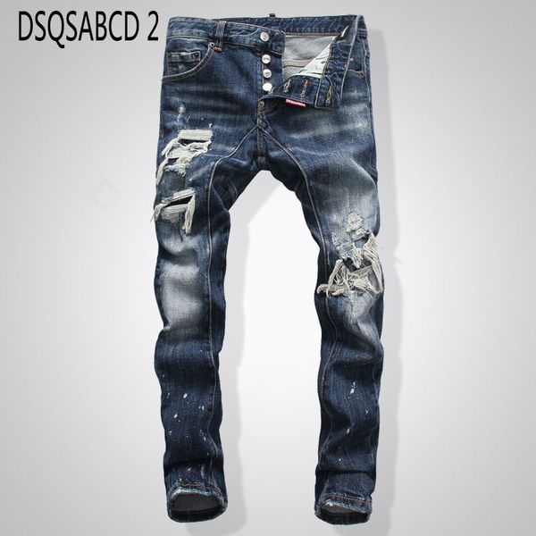 

европейский ночной клуб кнопка стиль мода мужчин отверстие джинсы прямой тонкий бренд синие брюки джинсы карандаш для мужчин, Blue