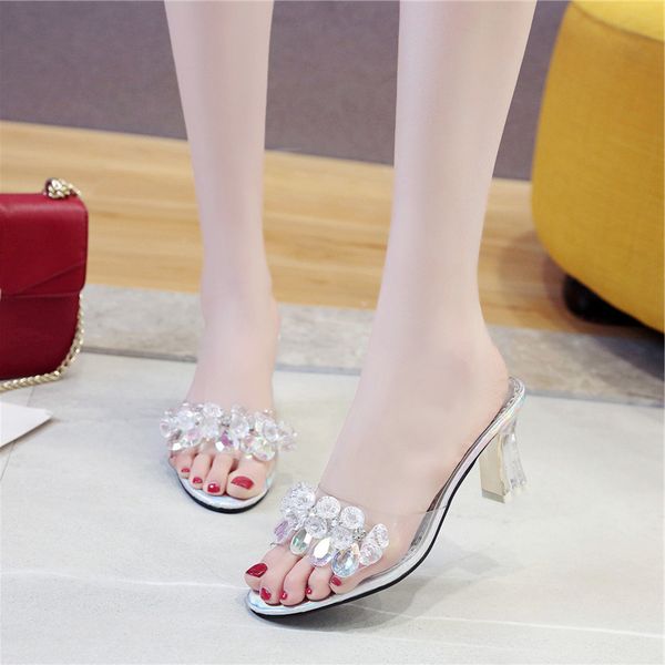 

rhinestone slippers women summer transparent slipper mules heels women sandals moda mujer 2020 verano fashion female shoes, Black