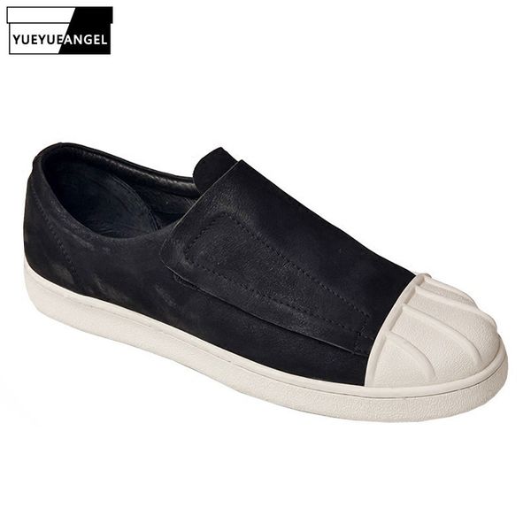 

harajuku summer new breathable mens lazy casual leather shoes genuine leather hook shell round toe male flat loafers streetwear, Black