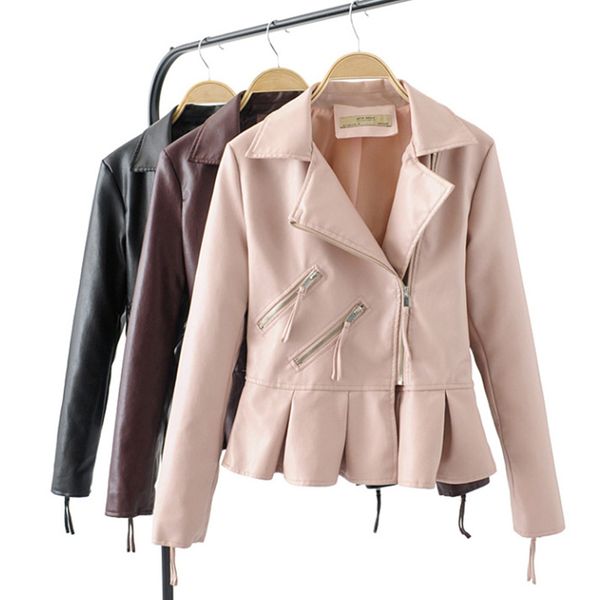 

women faux leather ruffles jacket coat zipper black pink slim short jackets 2019 autumn fall solid fashion streetwear female