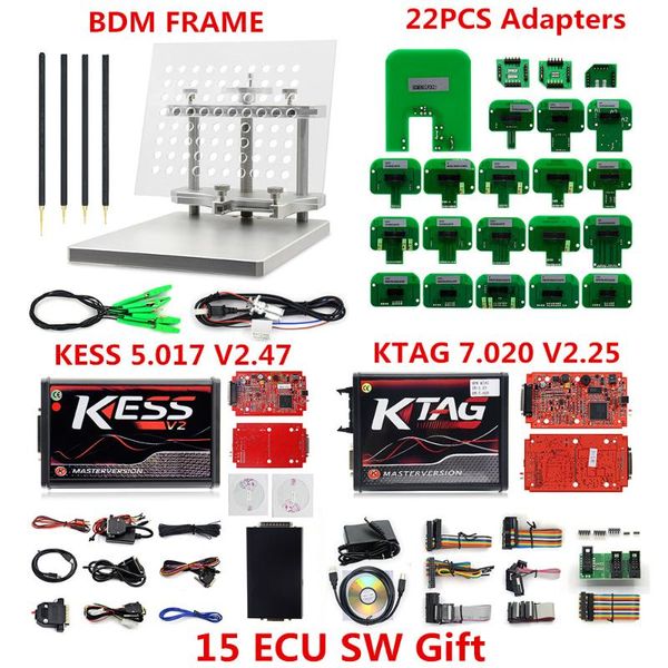 

online v2.47 eu red kess v2 v5.017 obd2 manager tuning kit+ktag v7.020 v2.23+metal led bdm frame+22pcs adapters ecu programmer