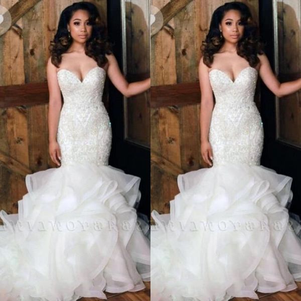 

2020 new sweetheart organza mermaid wedding dresses beads stones layered ruffles plus size wedding bridal gowns robe de mariée bc0586