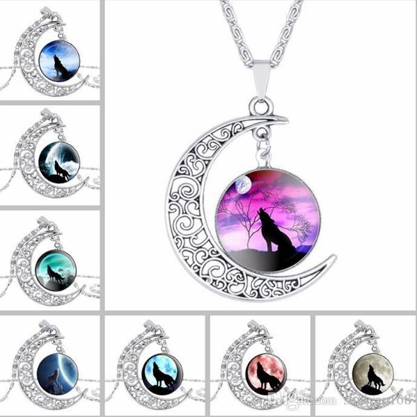 

dhl moon time gemstone silver necklace wolf totem retro alloy hollow out pendant necklace retro alloy chain jewelry christmas gift