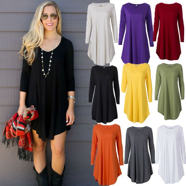 

new women casual long sleeve dress solid loose tunic o-neck above knee dress ladies spring holiday dress, Black;gray