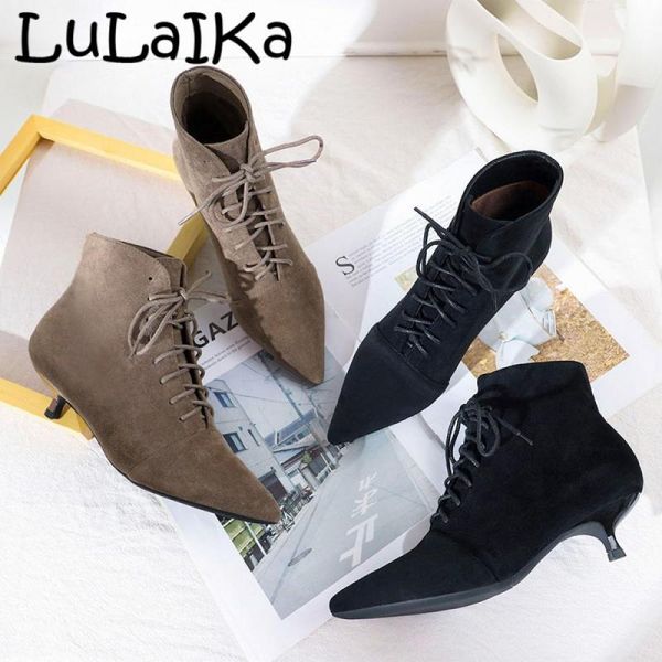

2020 brand fashion british style women winter suede thin heels pointed toe lace up middle tube leather ladies ankle boots 3.5cm, Black
