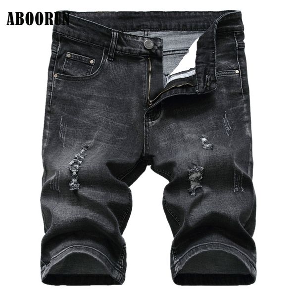 

men's shorts aboorun 2021 summer mens ripped hole denim elastic distressed washed jeans for male p8027, White;black