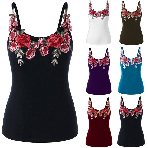 

fashion womens plus size rose embroidery floral t-shirt loose blouse camis tank, White