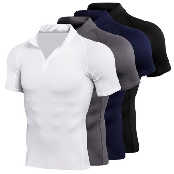 

men t-shirt running compression men's t-shirts rashguard men's zipper turtleneck gym shirt fitness running shirt sportswear, Black;blue