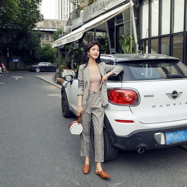 

women's suit pantsuit casual office long sleeve plaid suit jacket female temperament casual pants suit 2019 high quality, White;black