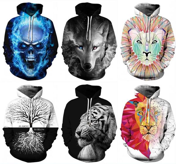 

2019 fashion galaxy space wolf tiger skull print 3d hoodies women men pullover hoody with cap casual sweatshirt plus size, Black