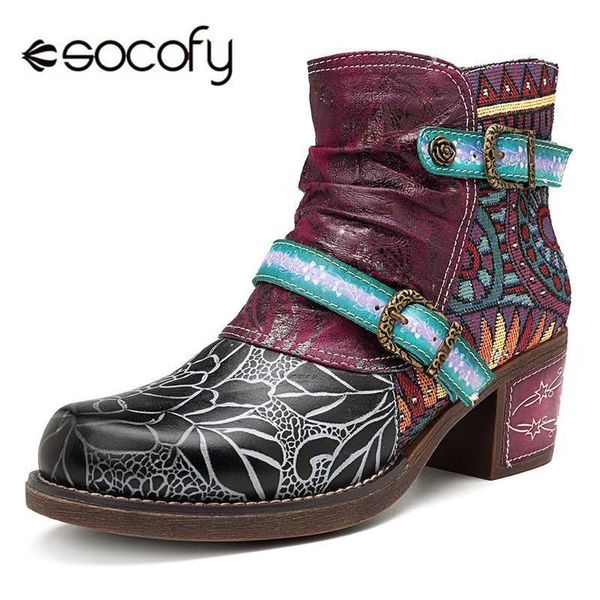 

socofy printed genuine leather splicing ankle boots for women shoes woman autumn winter boots women block heels booties botas ly191224, Black