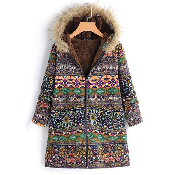 

ethnic printed women's jackets fur lining outwear winter fleece hooded coat kaftan casual windbreaker vintage fluffy overcoats, Black;brown