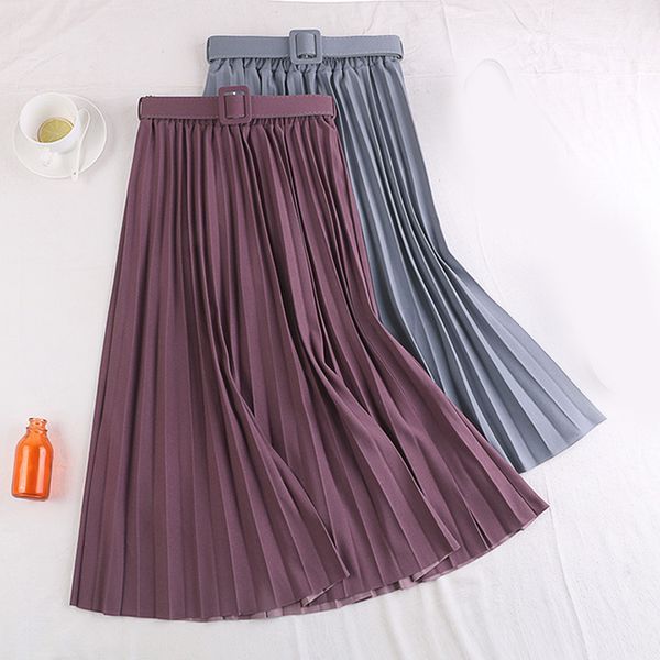 

skirts women elegant retro pleated sweet high waist skirt with belt chiffon mid-calf long ladies red coffee pink dress, Black