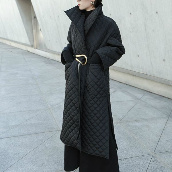 

женщины ватные куртки зима длинная куртка argyle черный femme пальто сторона высокий сплит дамы куртка куртки длинный легкий халат пиджаки п, Black
