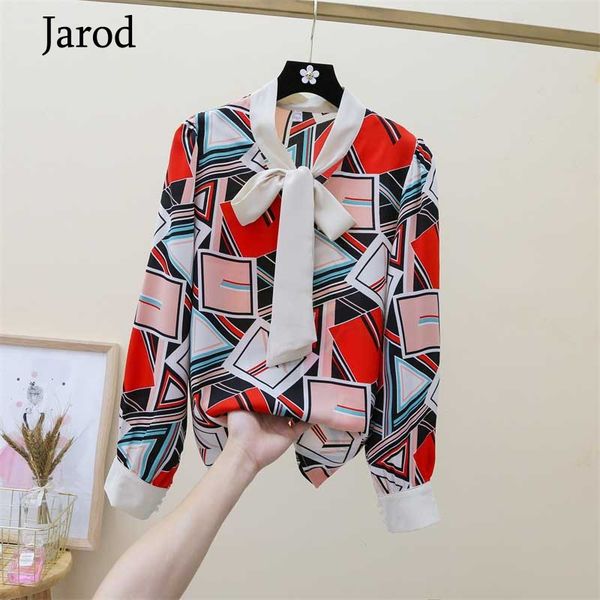 

women's blouses & shirts 2021 summer geometric print shirt breathable soft blouse with bow tie women female work wear casual style offi, White