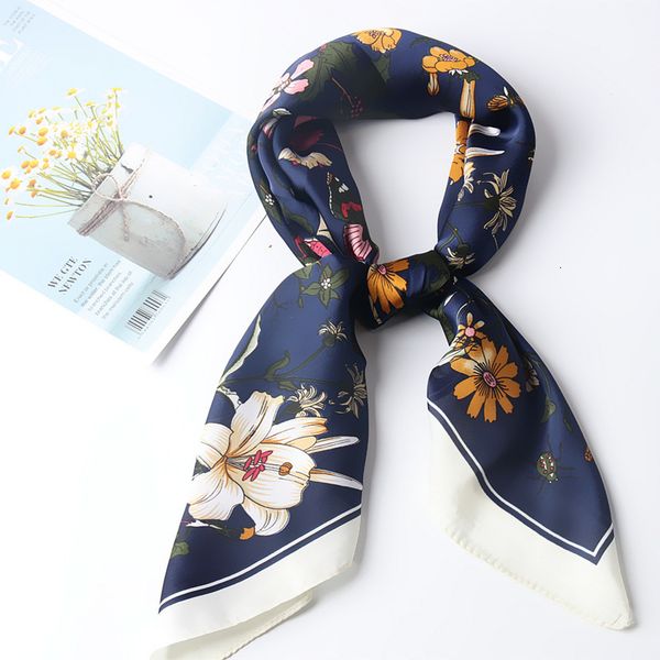 

silk satin women square scarf flowerprint ladies wrap bandana head hair scarf shawls bag accessories handkerchief 70*70cm, Blue;gray