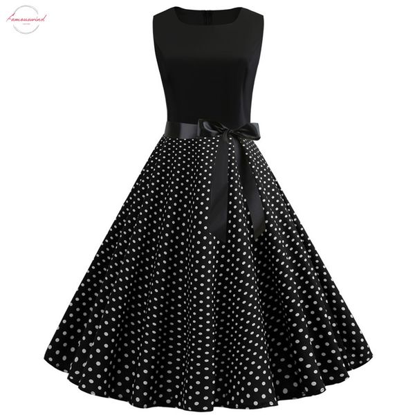 

white polka dot dress women sleeveless swing 60s twill 50s rockabilly vintage dress pin up party summer dresses a line with belt, Black;gray